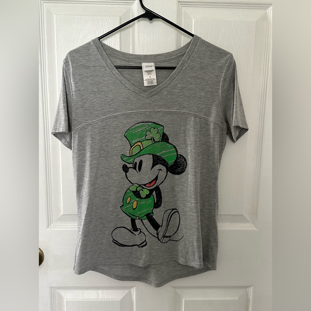 Disney Gray V-Neck Tee with Green Mickey Graphic